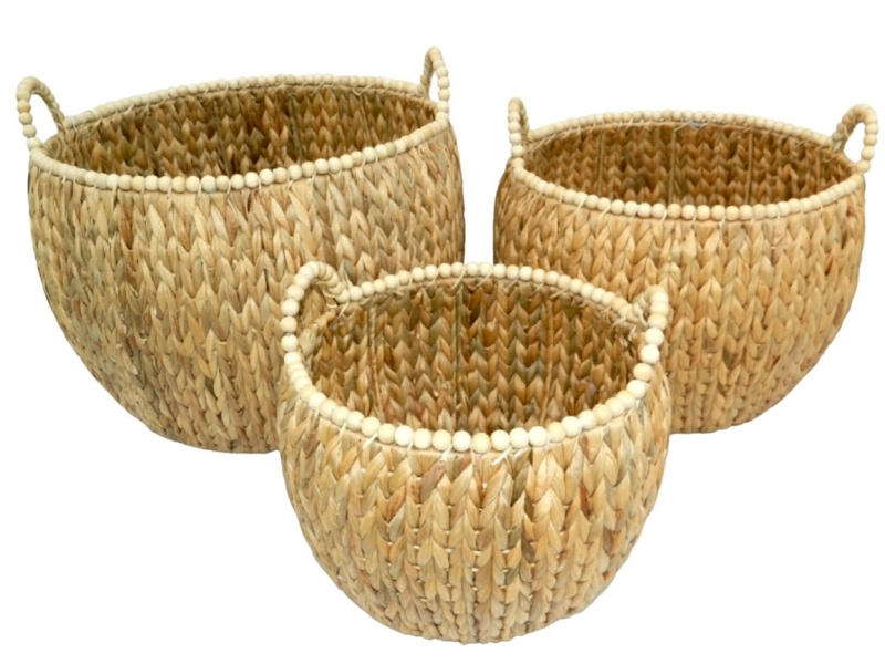 Professional-grade Round Water Hyacinth Storage Baskets with Wooden Beads